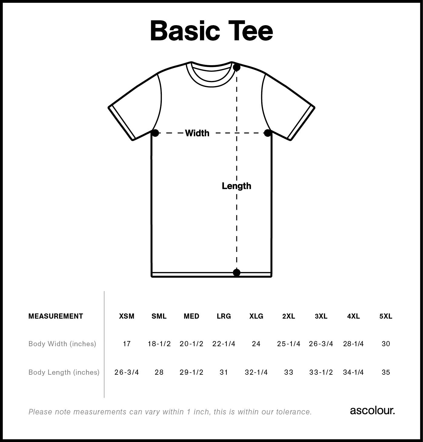 Measurement chart for a t-shirt with dimensions and size chart.
