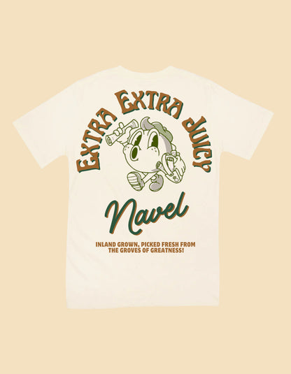 Cream t-shirt with 'Extra Extra Juicy Navel' graphic design on a beige background