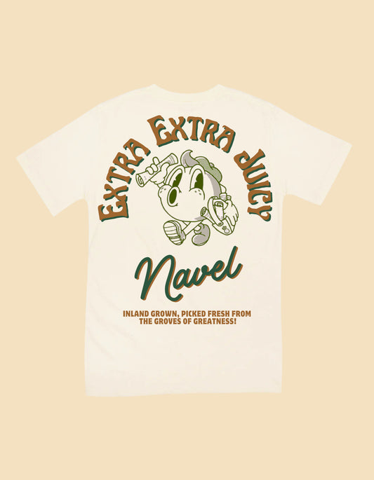 Cream t-shirt with 'Extra Extra Juicy Navel' graphic design on a beige background