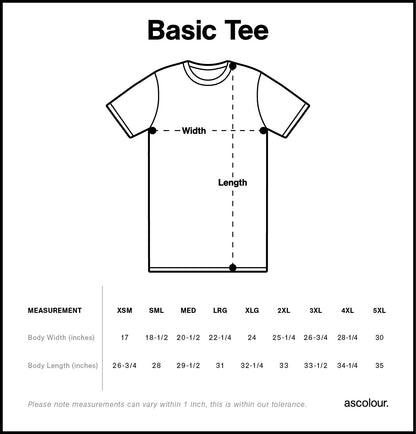 Measurement chart for a t-shirt with dimensions and size chart.