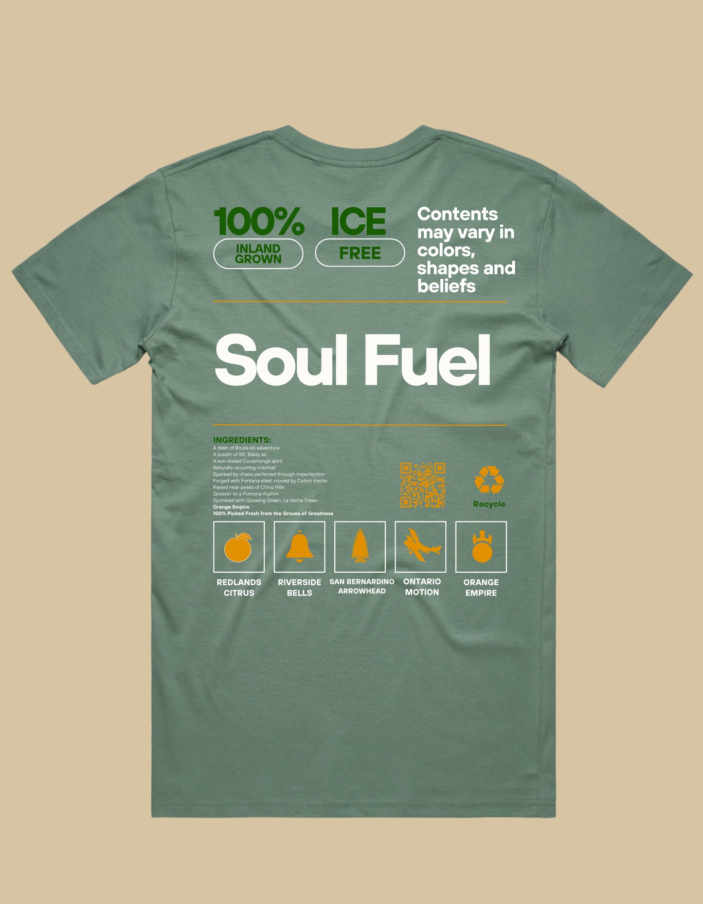 Green t-shirt with text and graphics on a beige background