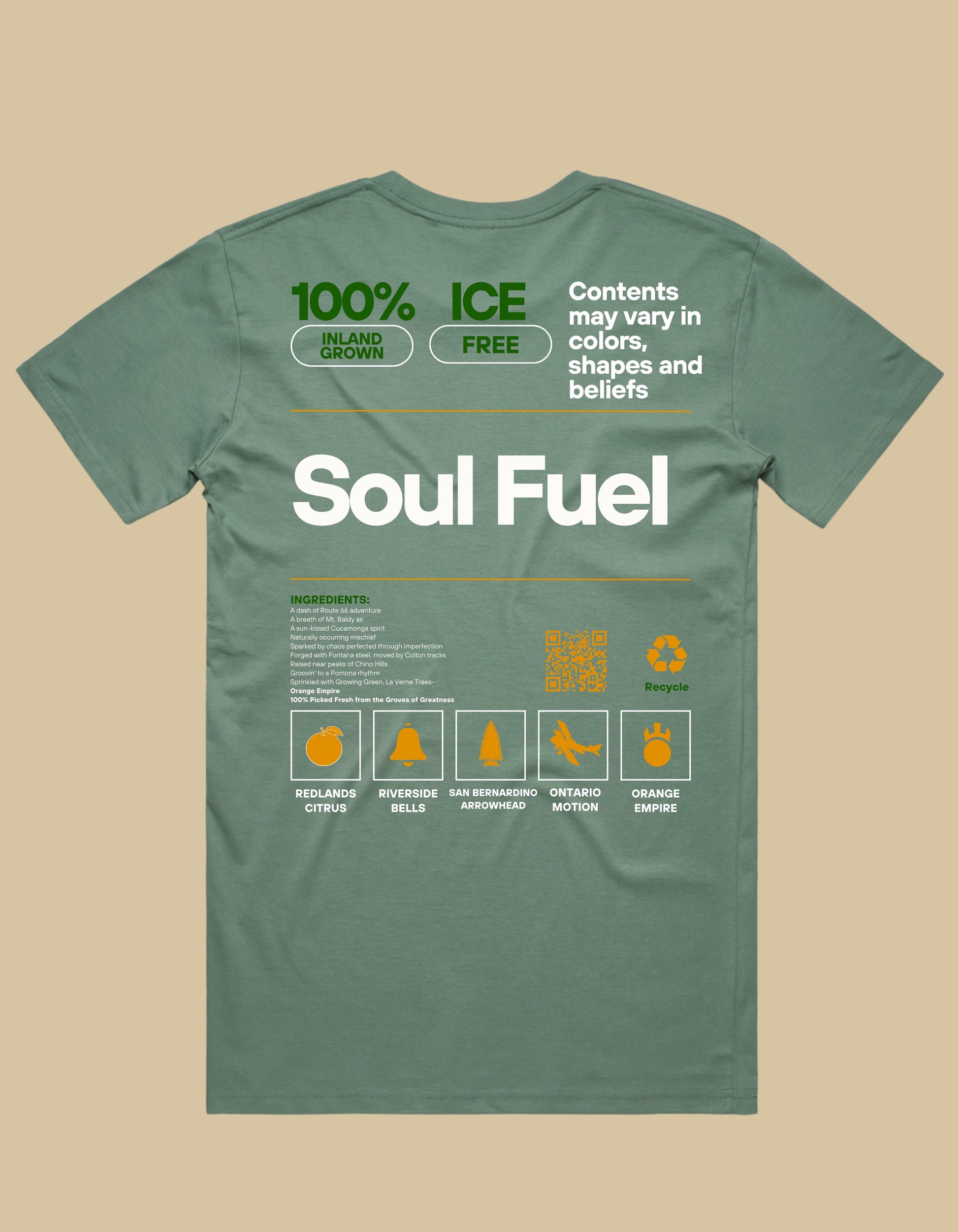 Green t-shirt with text and graphics on a beige background